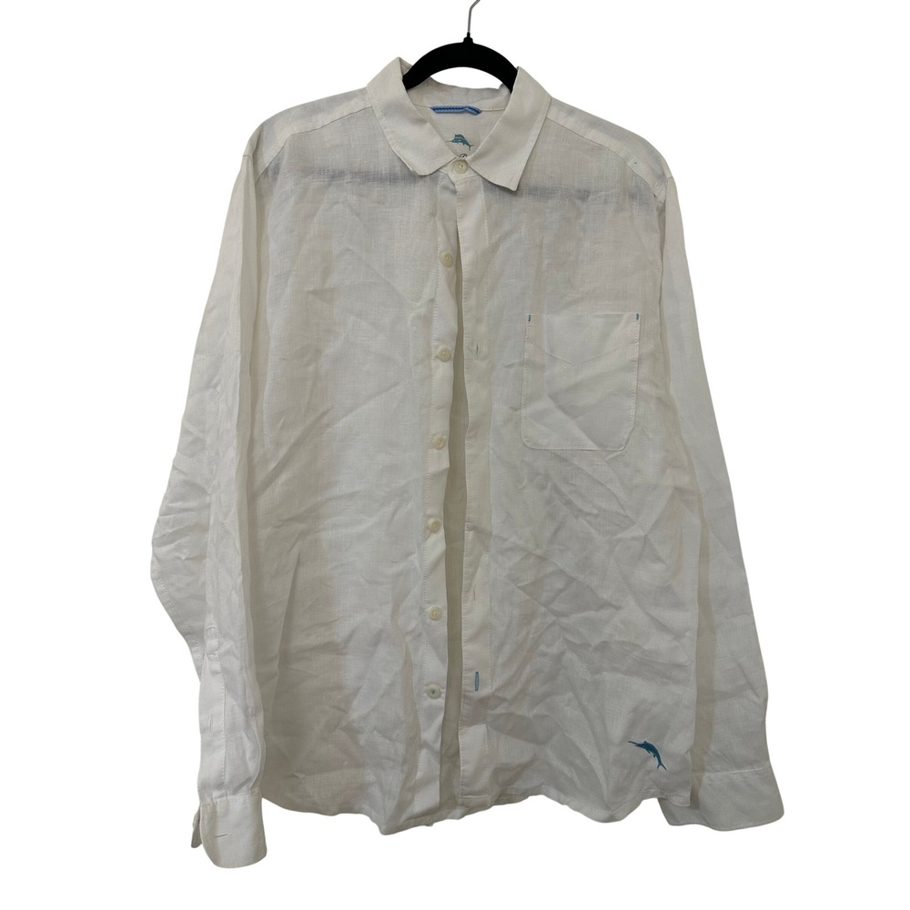 Tommy Bahama Mens White 100% Linen Long Sleeve Button Down Shirt Size M Marlin